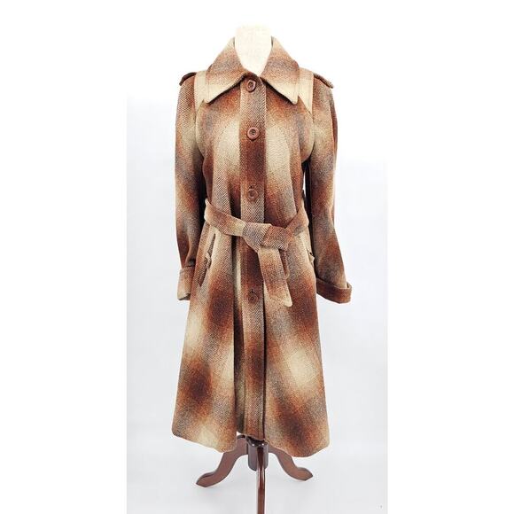Vtg 70s Miss Gallery Women's S/M Brown & Tan Plaid Retro Wool Trench Coat w/Belt - Picture 1 of 12